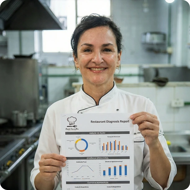 Chef de cozinha sorrindo e satisfeita, segurando relatório de desempenho financeiro com gráficos positivos de crescimento e lucratividade.